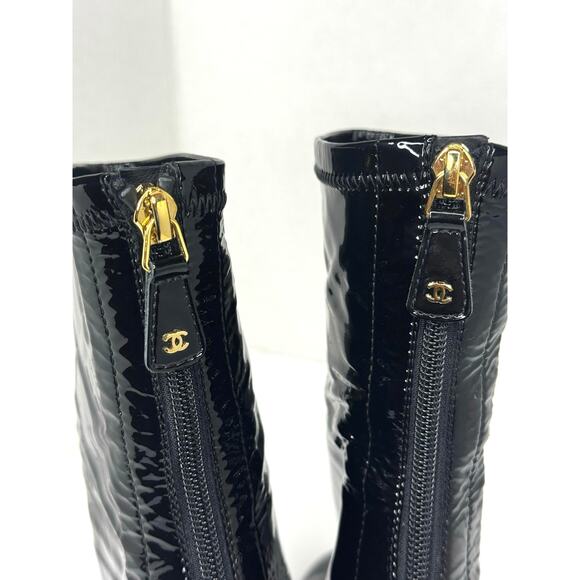 Chanel Patent Leather Black Ankle Boots Glossy CC Logo Booties Classic Chic 39 - Picture 6 of 10